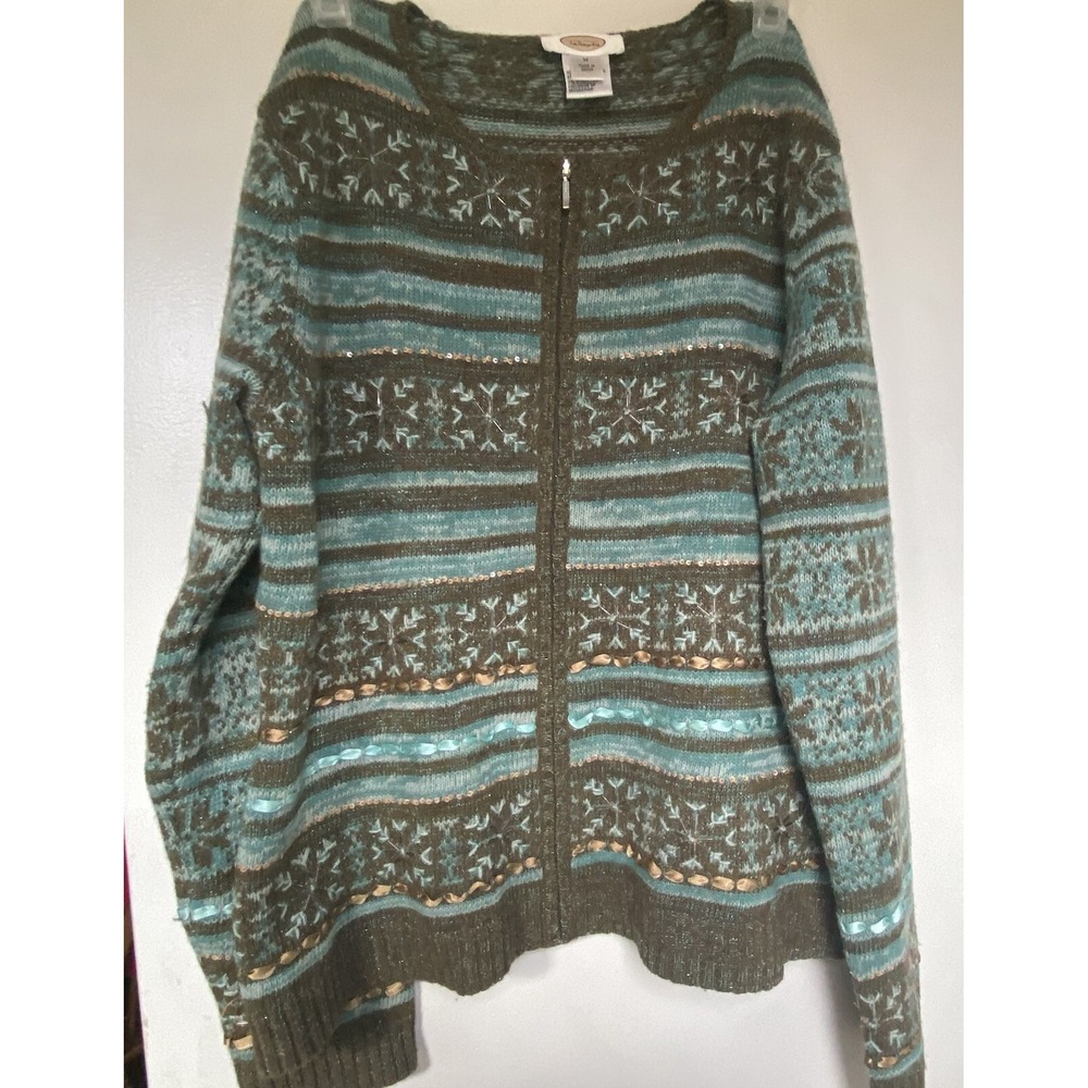 Talbots‎ Cardigan Sweater Womens Medium 100% Lambswool Embroidered Fairisle